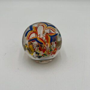 Red, White & Yellow Flower Paperweight w/Controlled Bubbles